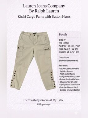 Lauren Jeans Company Ralph Lauren Khaki Cargo Pants Button Hem Size 14